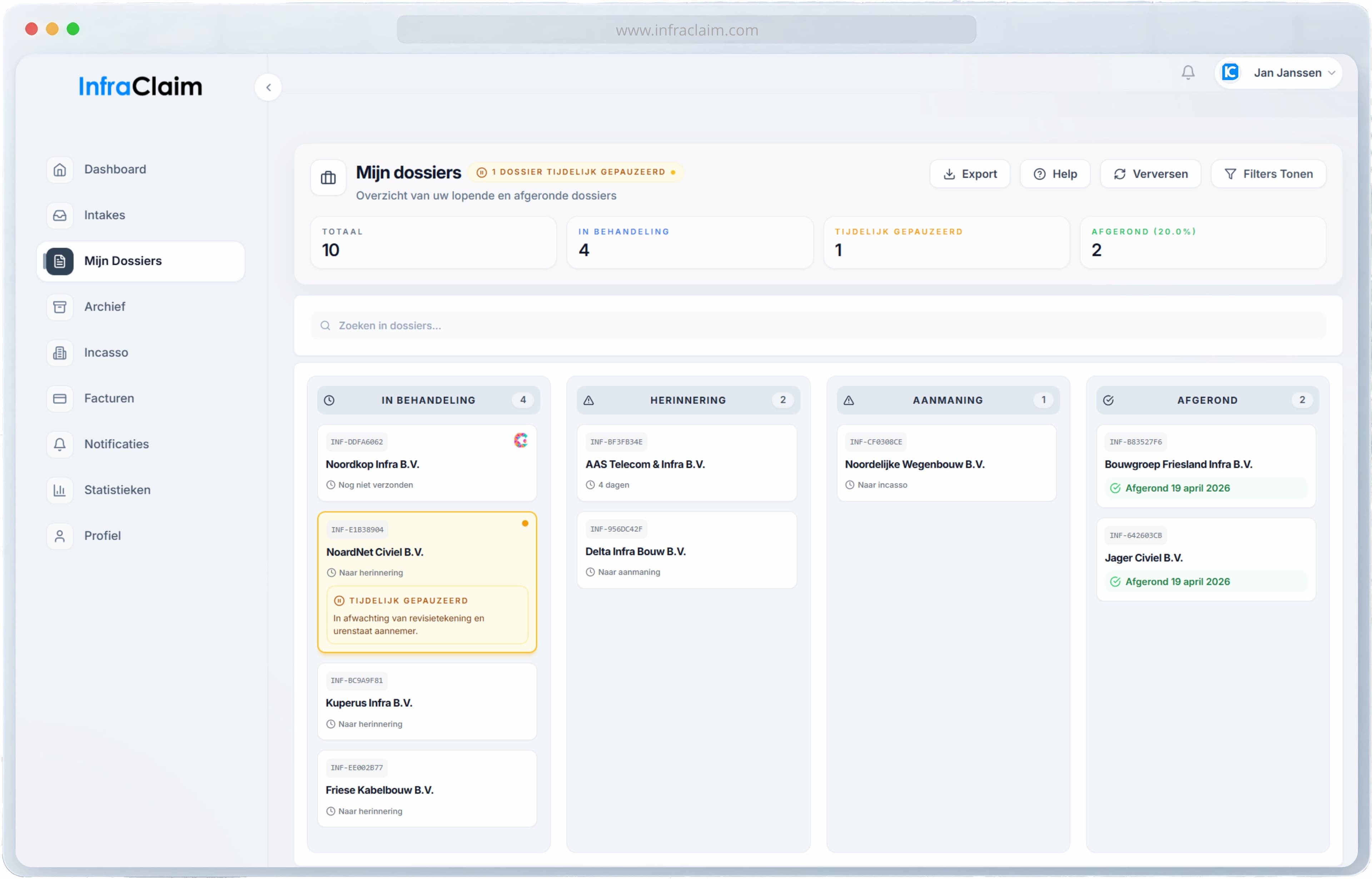 InfraClaim dashboard met dossiers en statussen