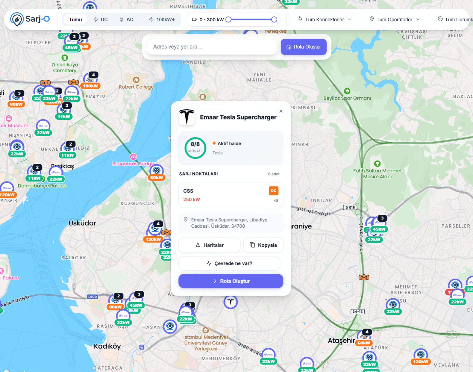 Sarj-o kaart met laadstations en routeplanner